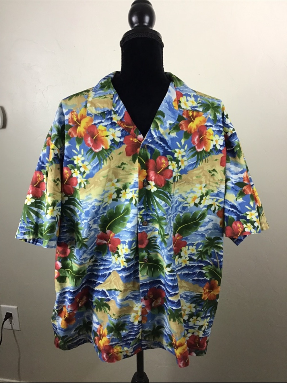 Ho Aloha Vintage Hawaiian Shirt Mens XL Blue Red Hibiscus Made in Hawaii